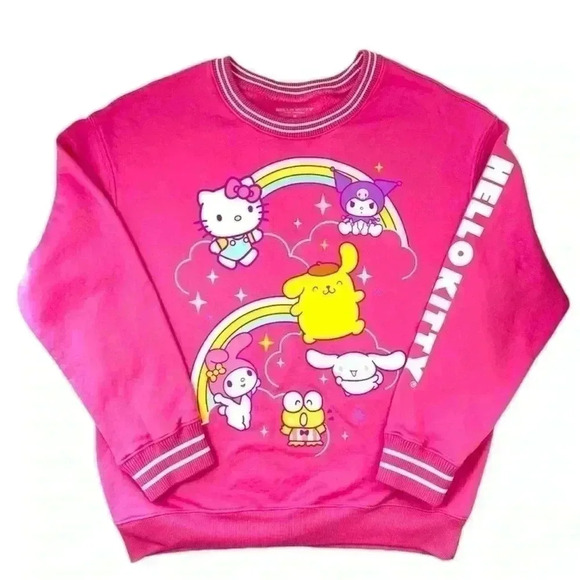 Hello Kitty Bright Pink W/ White Stripe Rayon Oversized Crew Neck Sweatshirt (M) - Picture 3 of 16